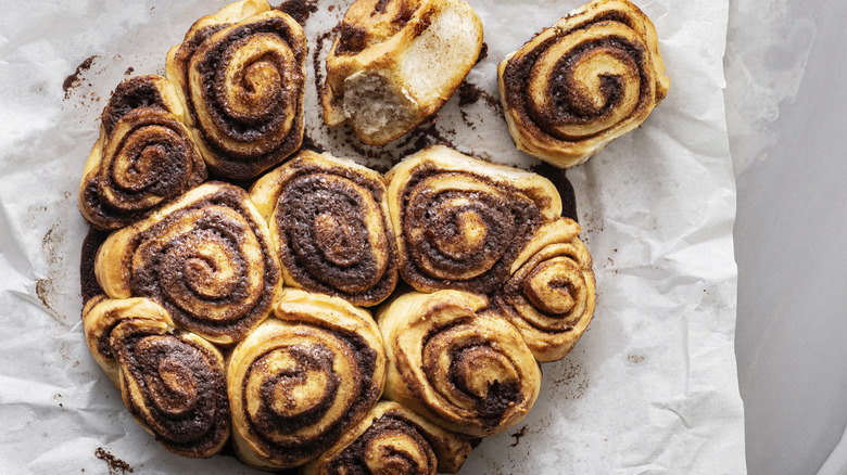 Chocolate cinnamon rolls on parchment paper.