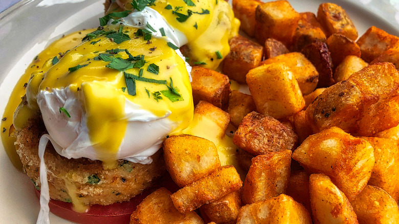 A closeup of eggs Benedict with fried green tomatoes and hash browns on a plate.