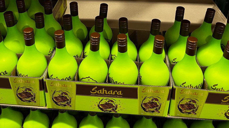 Bottles of Sahara Dubai Inspired Pistachio Cream Liqueur on a shelf in Costco