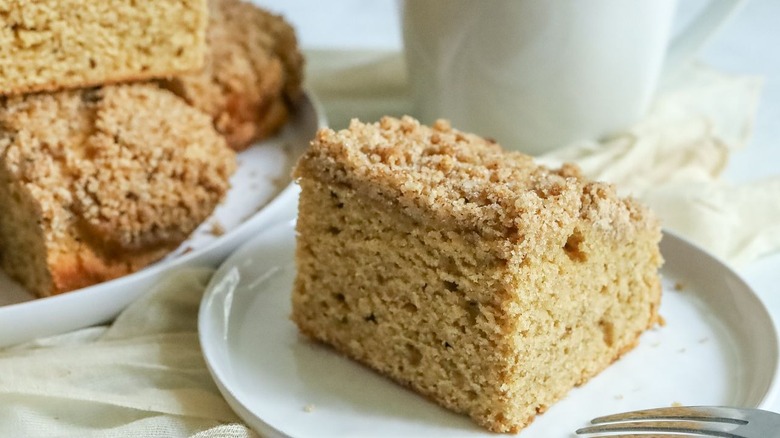 Slice of espresso crumb coffee cake on plate