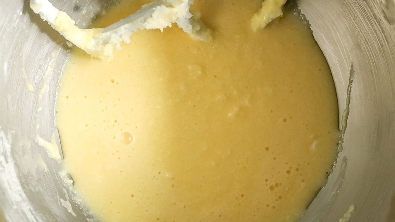 Butter, egg, and sugar mixture in bowl