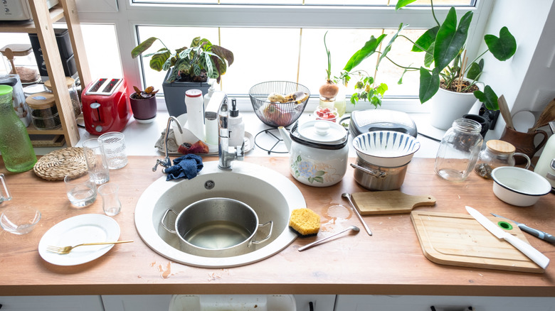 A cluttered kitchen countertop.