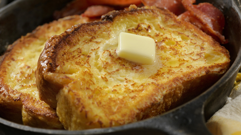 french toast with bacon in skillet