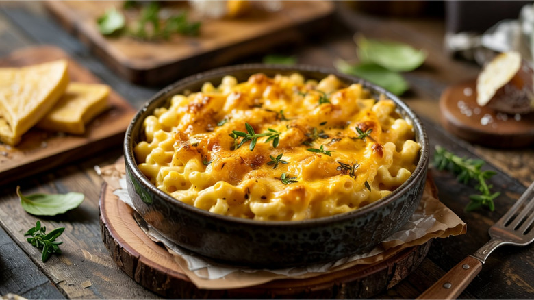 Individual baked mac and cheese with herb garnish, resting on wooden table setting