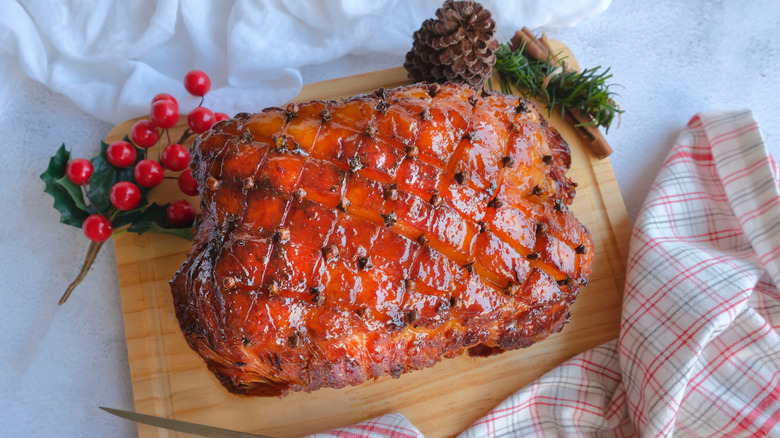overhead view of glazed ham with diamond scoring