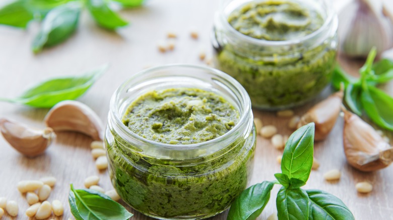 Pesto sauce in jars