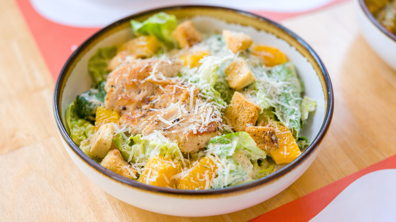 Top-view of a homemade chicken Caesar salad