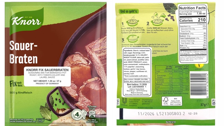 A front and back shot of a Knorr sauerbraten seasoning packet.