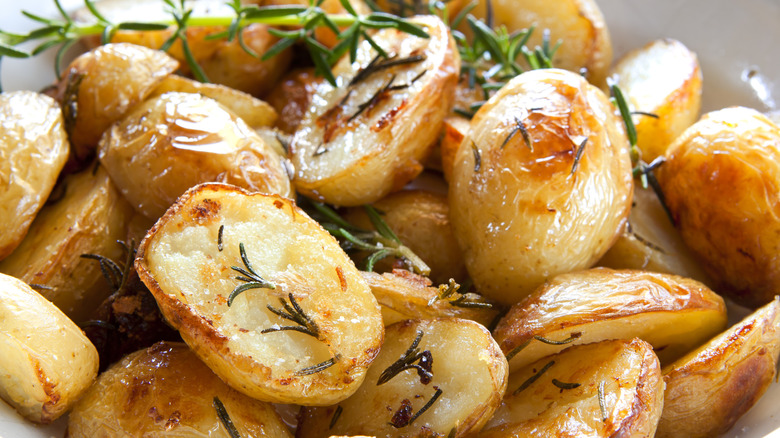 extreme close-up of roasted potatoes