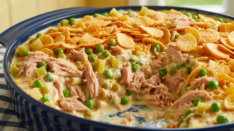Tuna noodle casserole in baking dish.