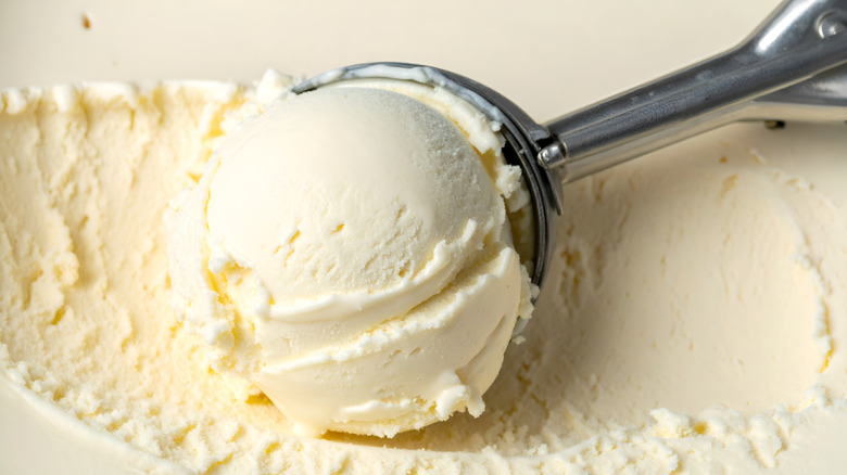 A scoop of vanilla ice cream in a metal scooper
