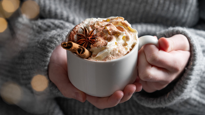Hands holding mug of hot cocoa