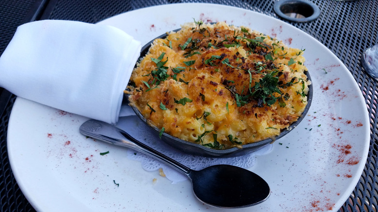 paprika mac and cheese on white plate