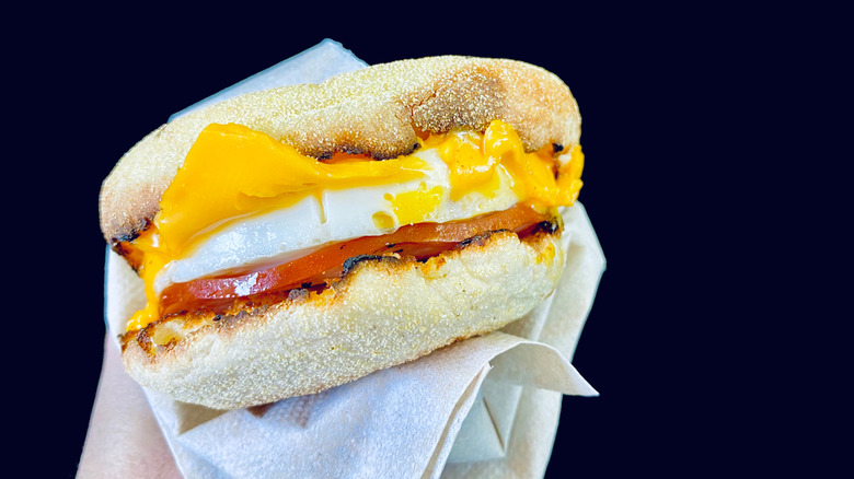 close up of McDonald's Egg McMuffin in hand