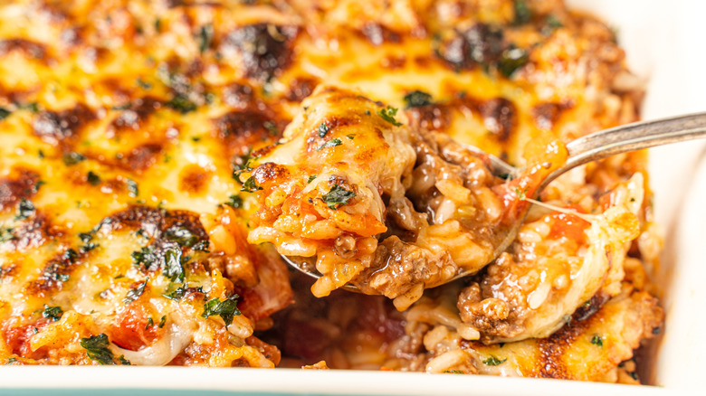 Cheeseburger casserole with a spoon
