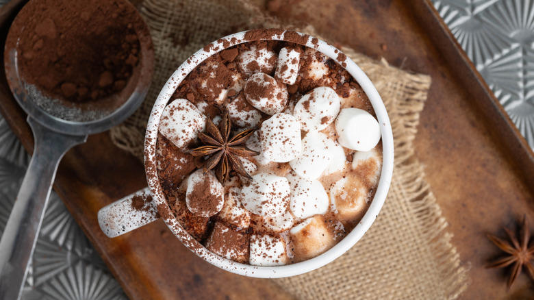 overhead view of a mug topped with marshmallows, star anise, and a sprinkle of cocoa powder