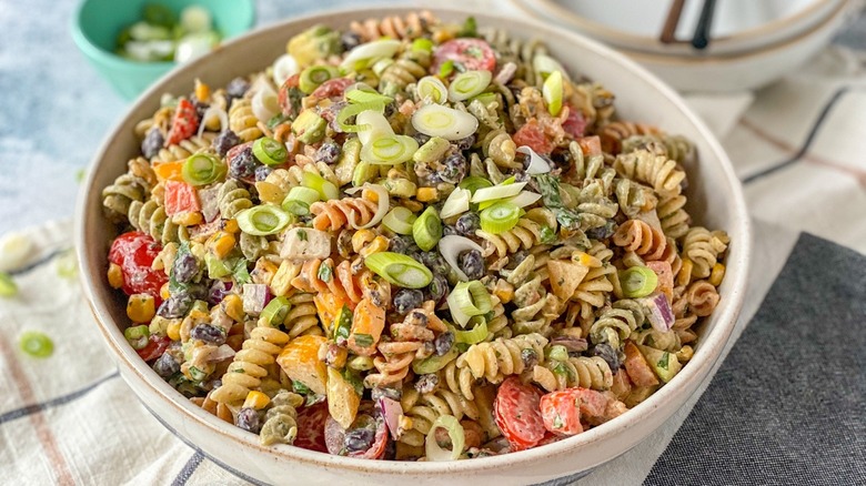 Southwest pasta salad in bowl on counter