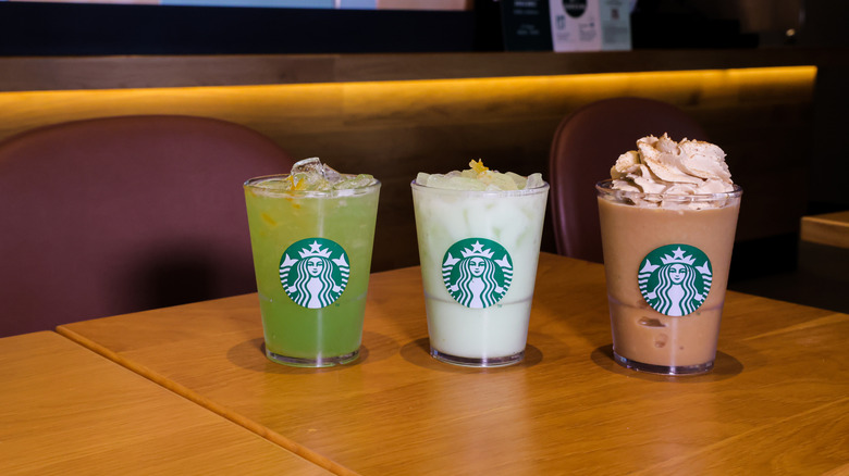 Starbucks Refreshers and Frappuccinos on a table