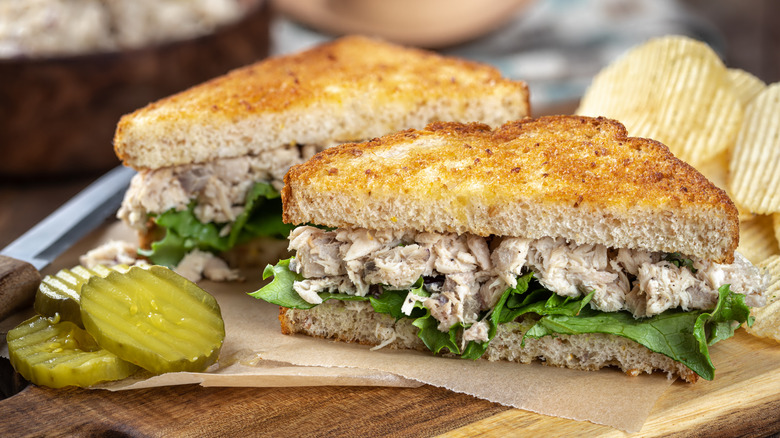 A tuna sandwich sliced in half