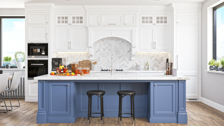 blue island in white kitchen
