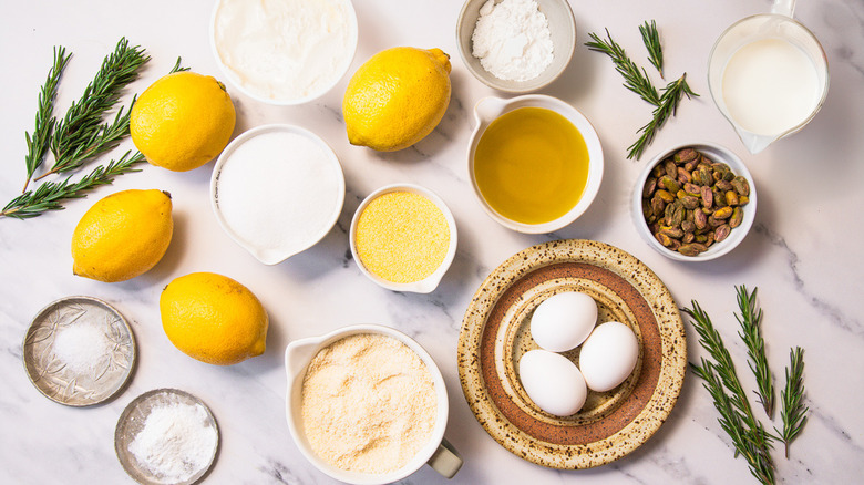 Ingredients for lemon olive oil cake.