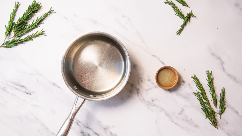 Boiled water in saucepan.