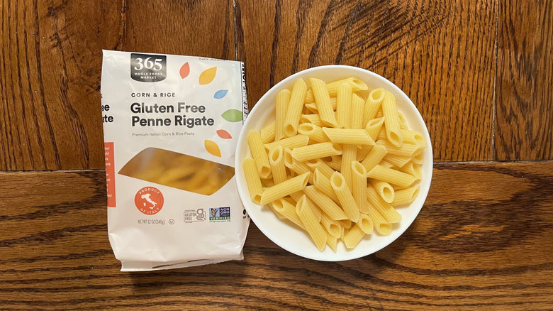 whole foods pasta and package on wood table