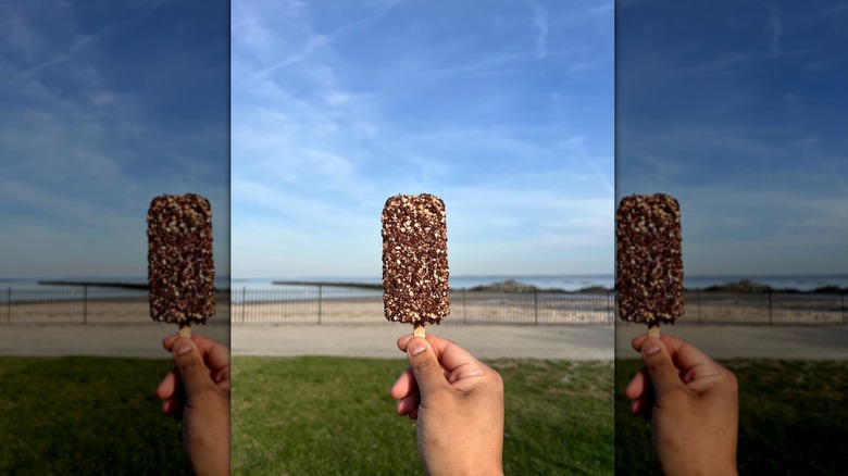 Hand holding Good Humor Chocolate Eclair Bar outside.