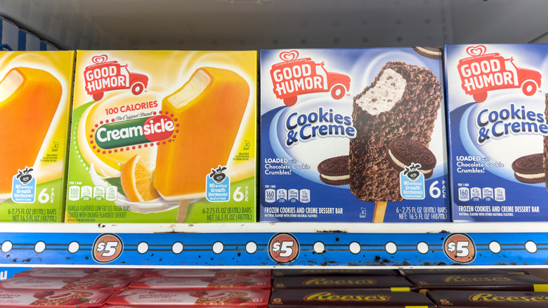 Boxes of Good Humor products in freezer section of store.