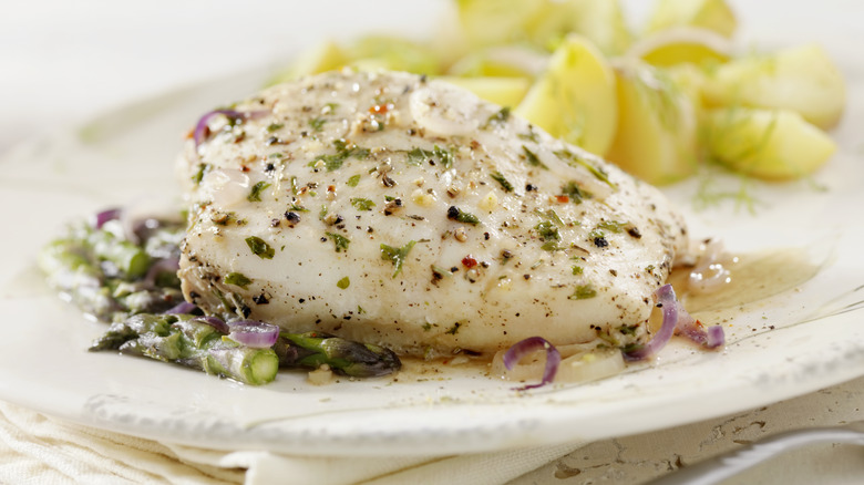 poached halibut with lemon and herbs