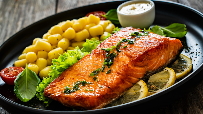 salmon served on plate