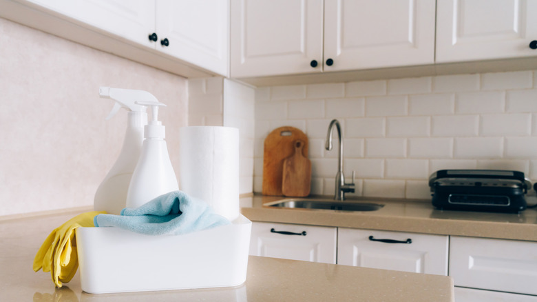 preparing supplies to clean kitchen cabinets