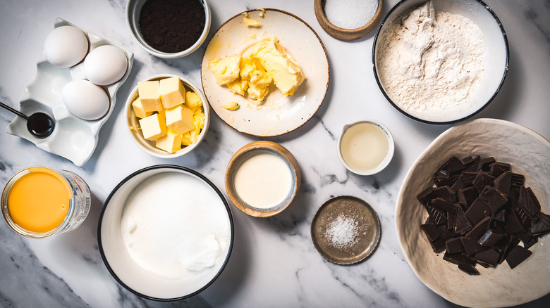 Ingredients for gooey caramel-filled brownies.