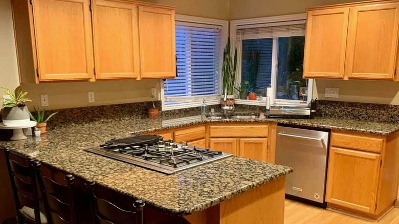 Kitchen with Baltic Brown granite countertops, warm wood cabinets, steel dishwasher, and dark high chairs