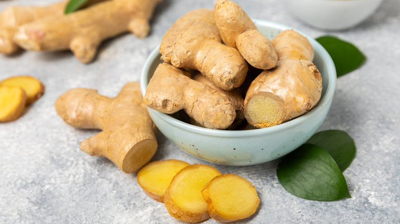 Fresh ginger on white background.
