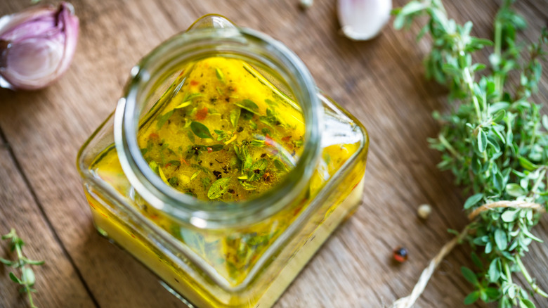 Top view of lemon and thyme marinade