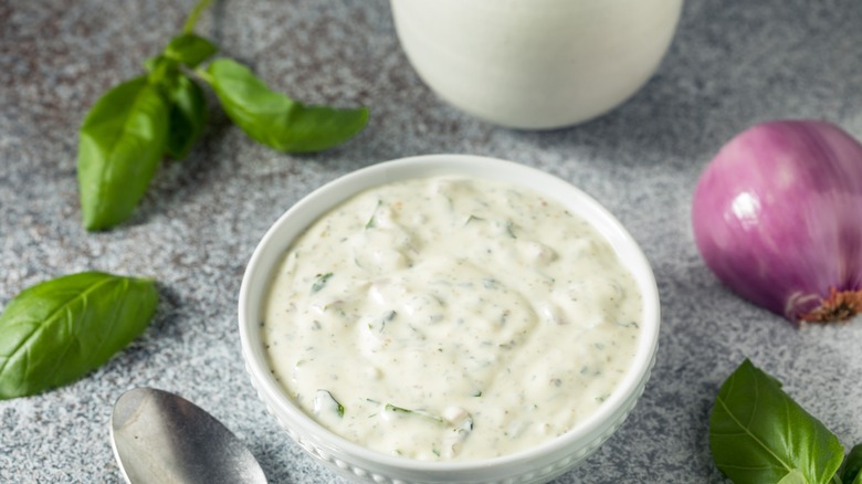 Mayo version of green goddess dressing in a bowl