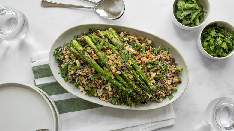 Farro and asparagus salad on serving platter