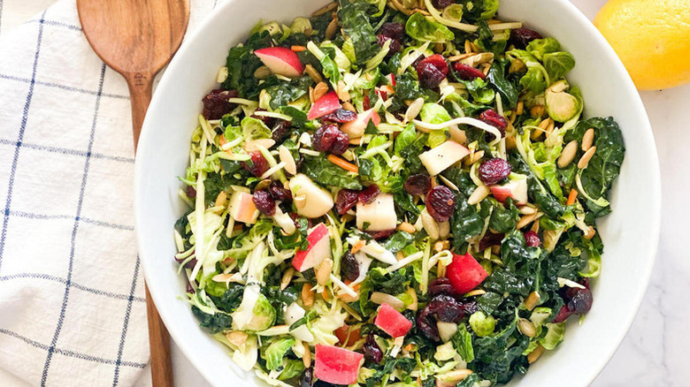 Bowl of kale and cabbage salad with diced red apple and dried cranberries