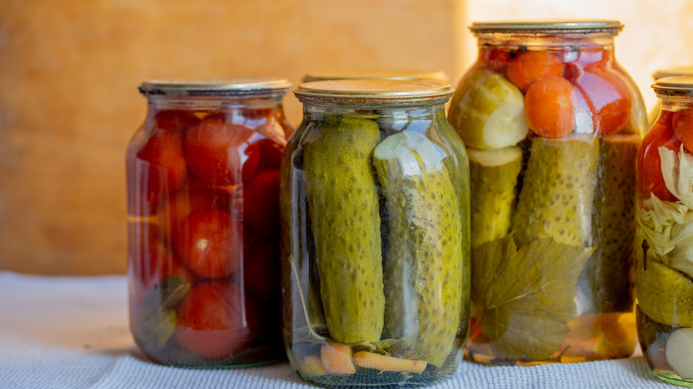 Pickled cucumbers, tomatoes, and carrots