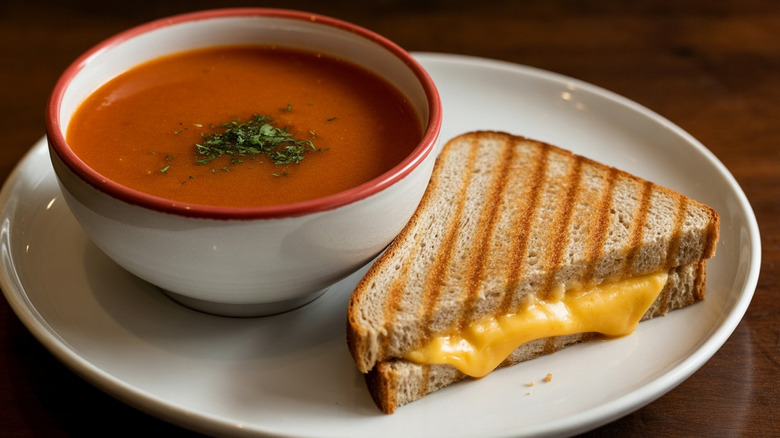 A grilled cheese on a white plate with a bowl of tomato soup