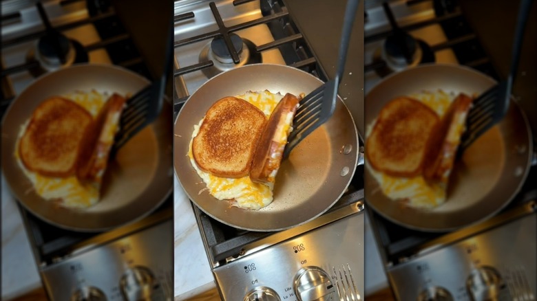 Making inside-out grilled cheese in skillet