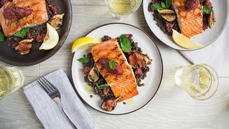 Grilled Salmon with Fig Mustard & Lentils