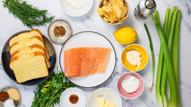 Ingredients for this grilled salmon salad sandwich.