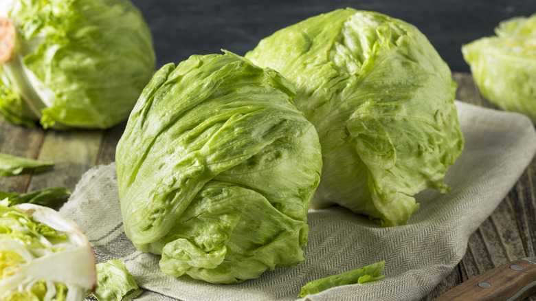 iceberg lettuce heads on folded table cloth on wooden table