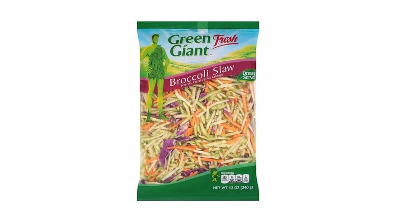 A bag of Green Giant Fresh Broccoli Slaw on a white background