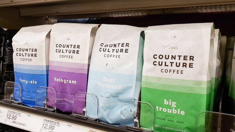 Bags of Counter Culture Coffee on grocery shelf
