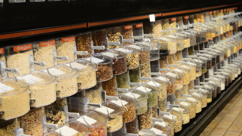 Bulk bins and scoops at grocery store