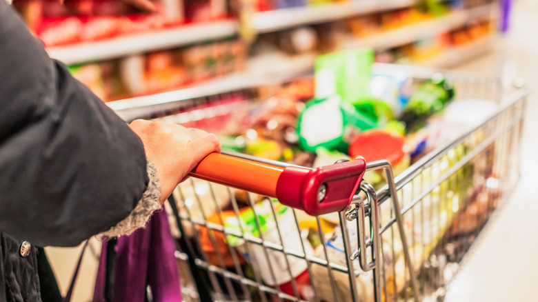 Hands pushing shopping cart at the grocery store