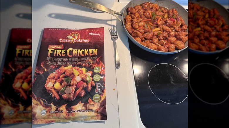 A package of Crazy Cuizine Sweet Fire Chicken and the contents in a pan